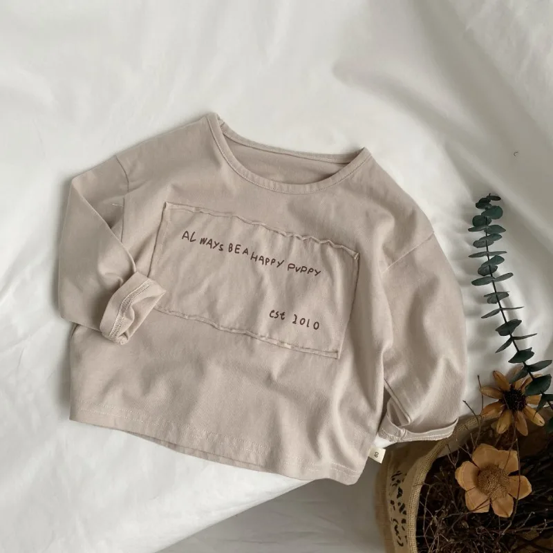Spring Fall Kids patch letters T-shirt cotton loose long sleeve Girls Tees fashion Boys casual Tops