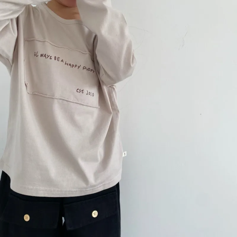 Spring Fall Kids patch letters T-shirt cotton loose long sleeve Girls Tees fashion Boys casual Tops