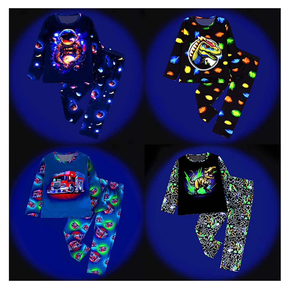Spring Autumn Boys Pajama Set Dinosaur Astronaut Fire Truck Print Kids Loungewear