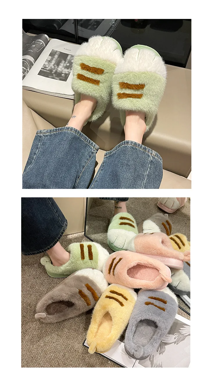 New Adorable Kitten Claw Slippers Women's Home Shoes Non Slip Furry Mules Female Fashion Warm Fluffy Slides Outdoor Cat Slippers