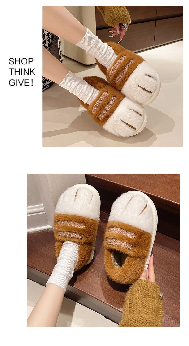 New Adorable Kitten Claw Slippers Women's Home Shoes Non Slip Furry Mules Female Fashion Warm Fluffy Slides Outdoor Cat Slippers