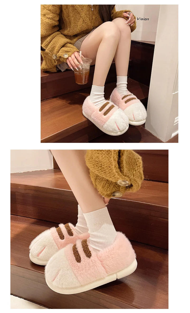 New Adorable Kitten Claw Slippers Women's Home Shoes Non Slip Furry Mules Female Fashion Warm Fluffy Slides Outdoor Cat Slippers