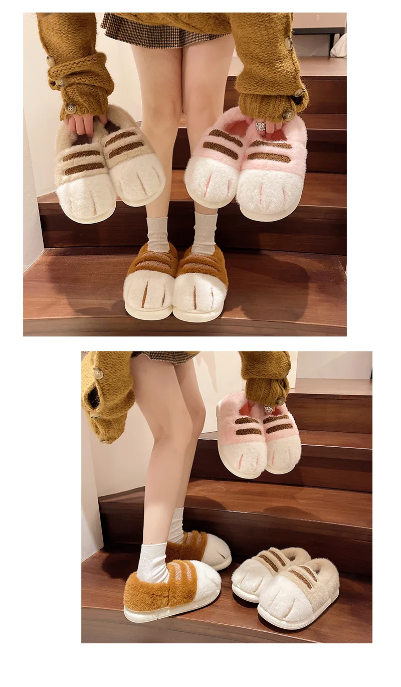 New Adorable Kitten Claw Slippers Women's Home Shoes Non Slip Furry Mules Female Fashion Warm Fluffy Slides Outdoor Cat Slippers
