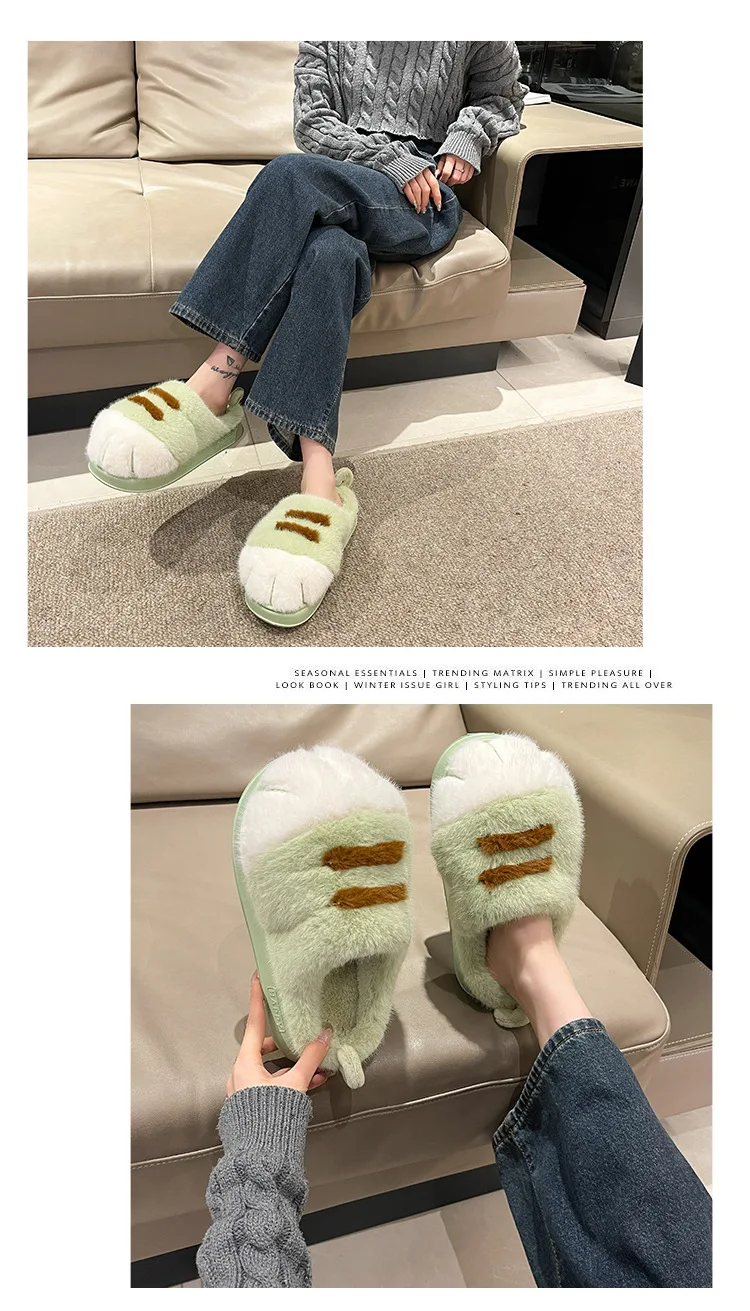 New Adorable Kitten Claw Slippers Women's Home Shoes Non Slip Furry Mules Female Fashion Warm Fluffy Slides Outdoor Cat Slippers