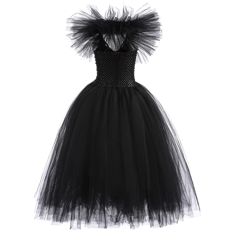 Child Halloween Costume Evil Witch Cosplay Clothes Girl Disguise Dress Kids Maleficent Black Tulle Outfits Fantasy Party Clothes