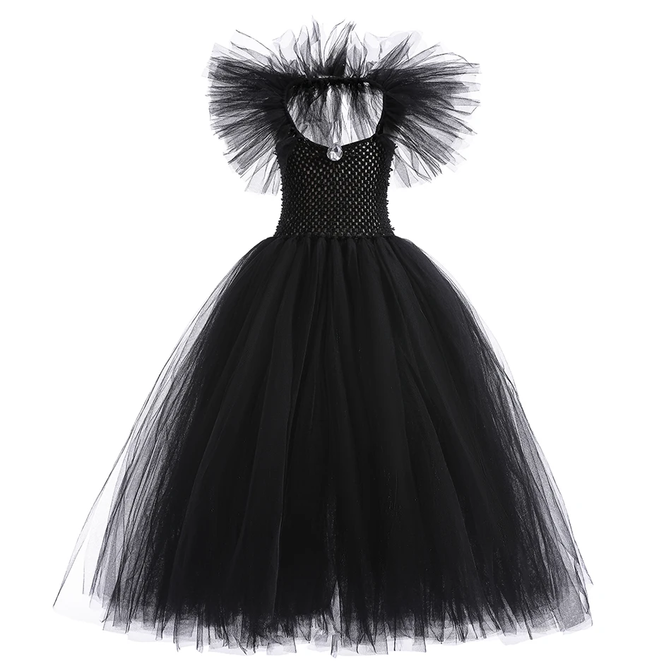 Child Halloween Costume Evil Witch Cosplay Clothes Girl Disguise Dress Kids Maleficent Black Tulle Outfits Fantasy Party Clothes