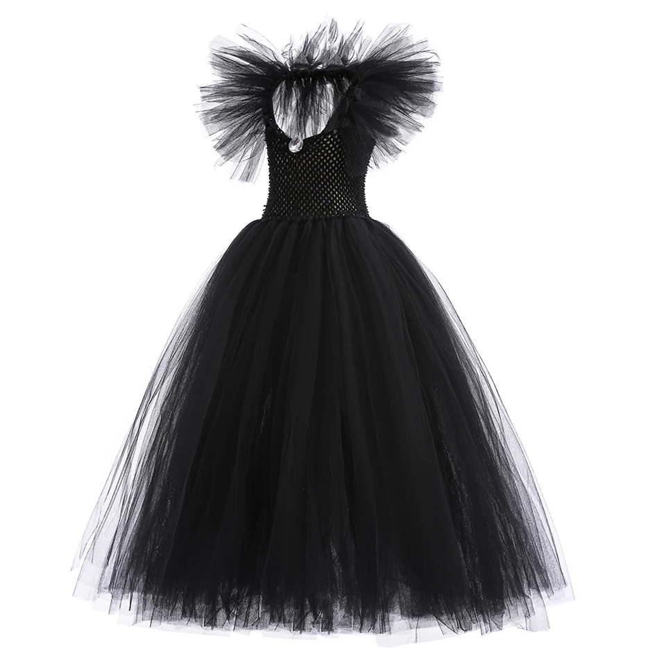 Child Halloween Costume Evil Witch Cosplay Clothes Girl Disguise Dress Kids Maleficent Black Tulle Outfits Fantasy Party Clothes