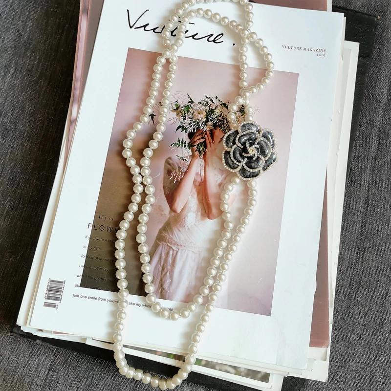 AAA Pearl Layered Necklace with Big Camellia Flower Neckaces DIY Designer