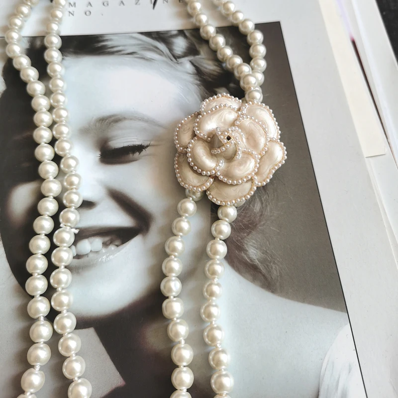 AAA Pearl Layered Necklace with Big Camellia Flower Neckaces DIY Designer