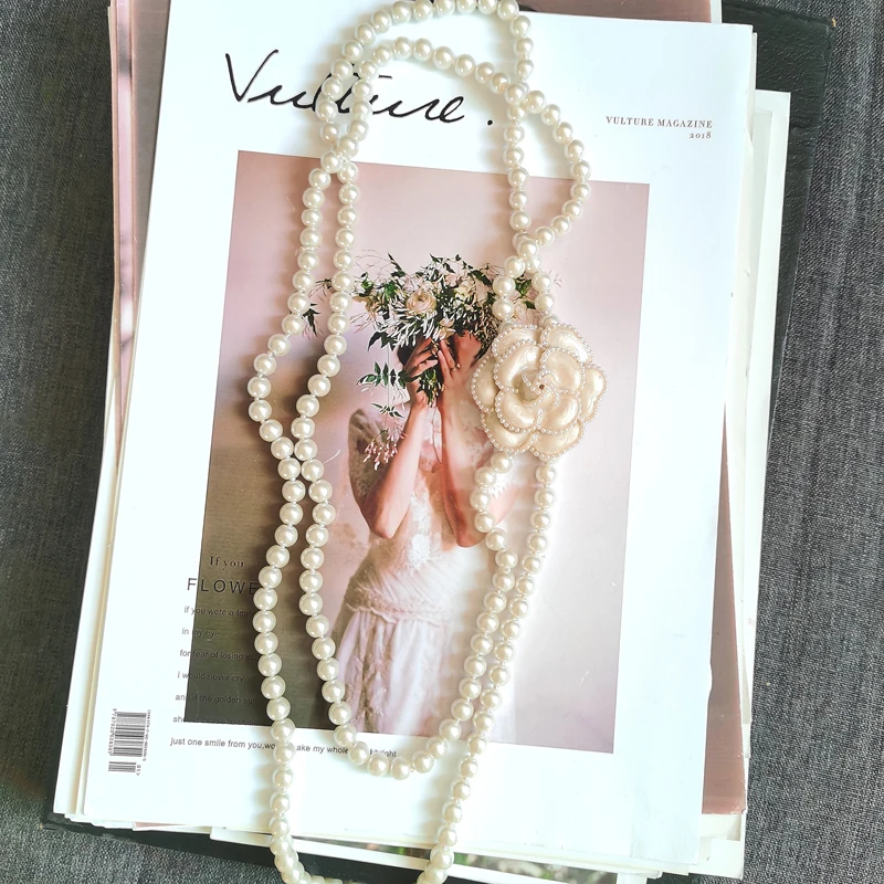 AAA Pearl Layered Necklace with Big Camellia Flower Neckaces DIY Designer