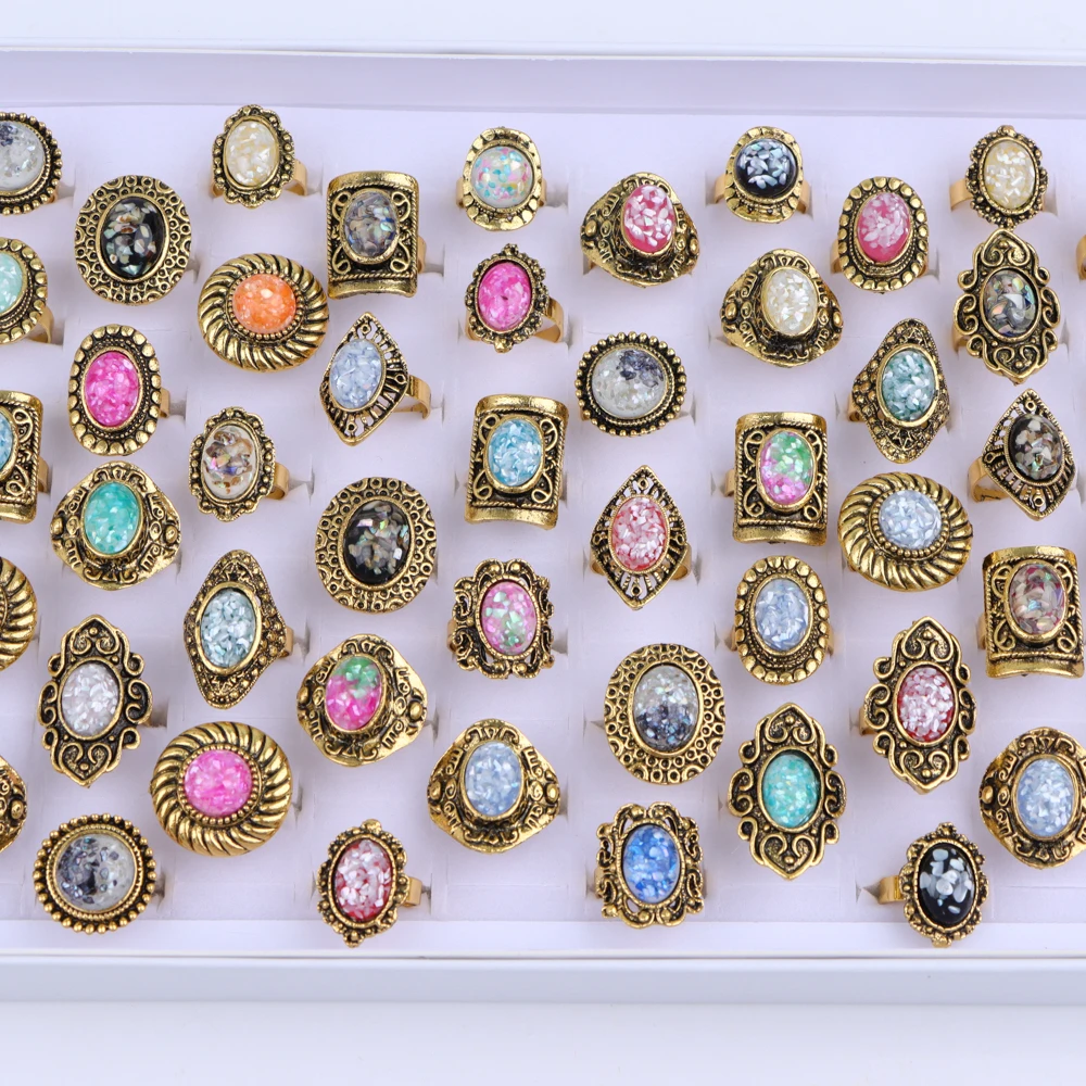 10/20Pcs/Lot New Fashion Bulk Vintage Flower Geometry Patten Colorful Stone Open Rings Jewelry For Women Mix Style Party Gifts