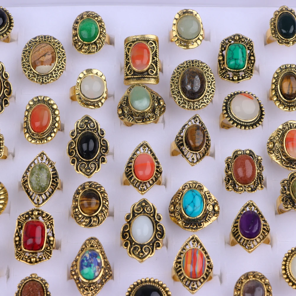10/20Pcs/Lot New Fashion Bulk Vintage Flower Geometry Patten Colorful Stone Open Rings Jewelry For Women Mix Style Party Gifts