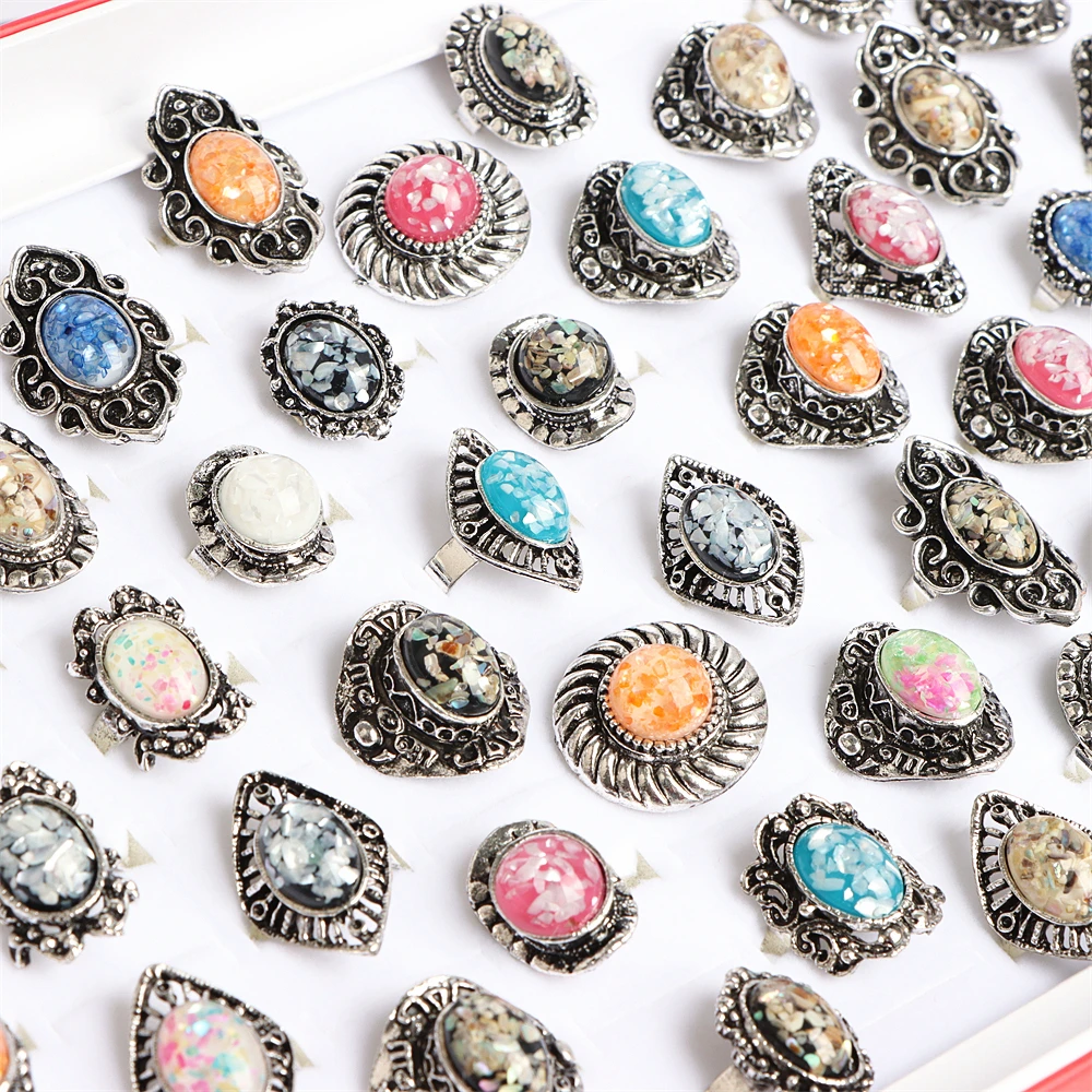 10/20Pcs/Lot New Fashion Bulk Vintage Flower Geometry Patten Colorful Stone Open Rings Jewelry For Women Mix Style Party Gifts