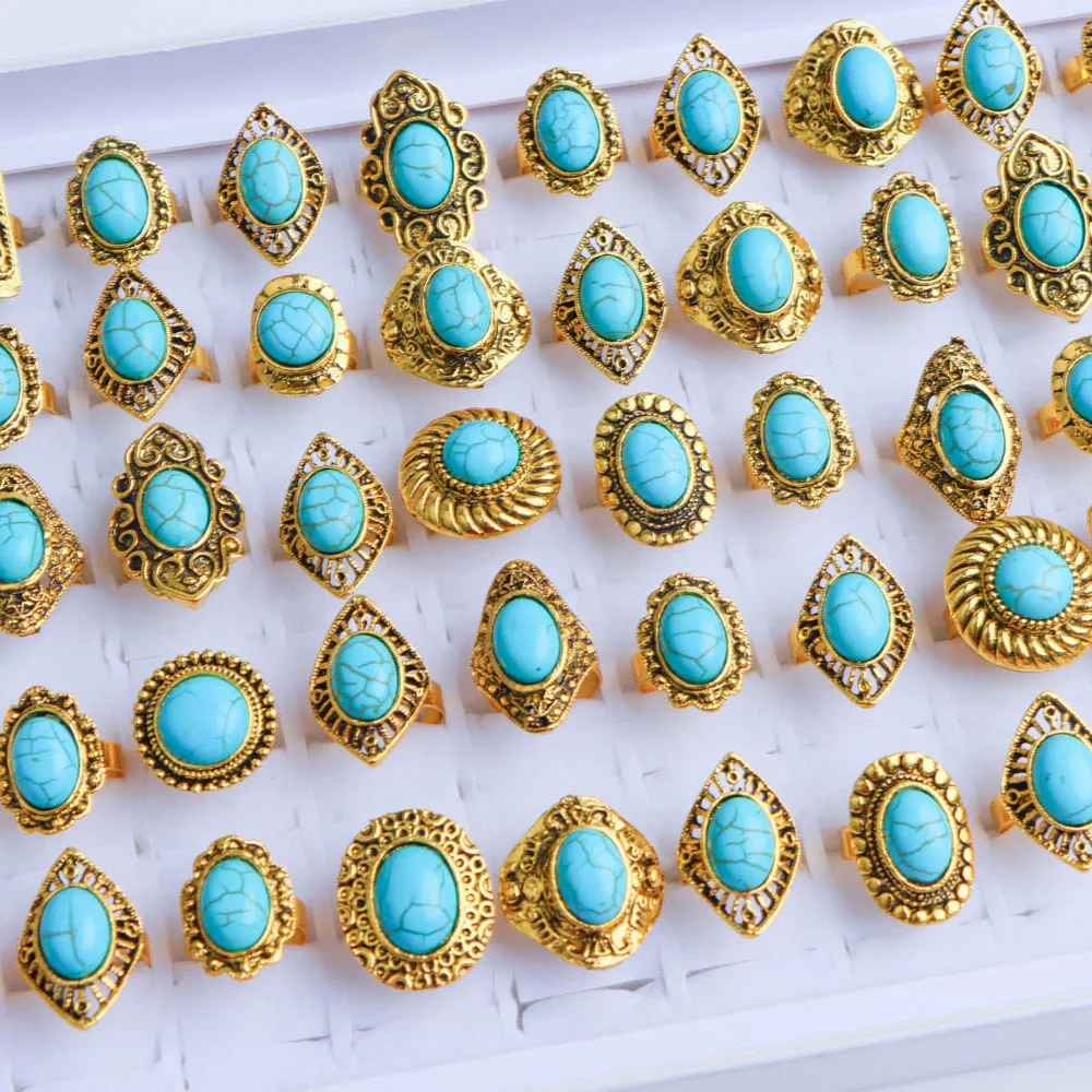 10/20Pcs/Lot New Fashion Bulk Vintage Flower Geometry Patten Colorful Stone Open Rings Jewelry For Women Mix Style Party Gifts