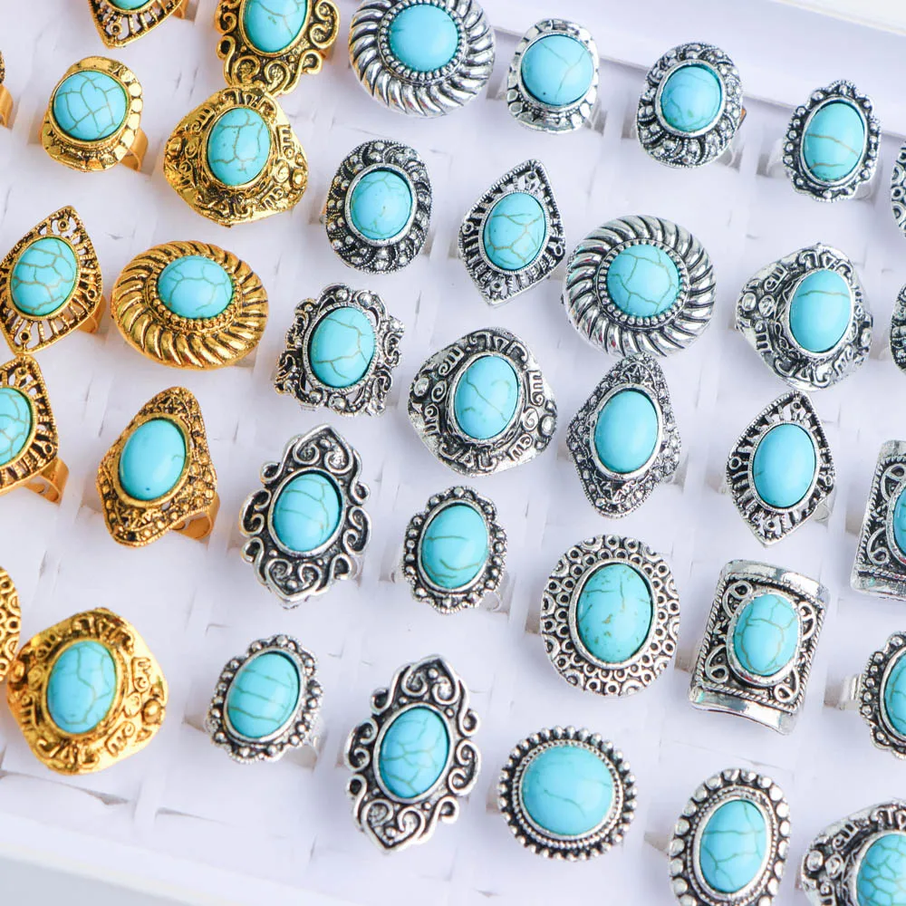 10/20Pcs/Lot New Fashion Bulk Vintage Flower Geometry Patten Colorful Stone Open Rings Jewelry For Women Mix Style Party Gifts