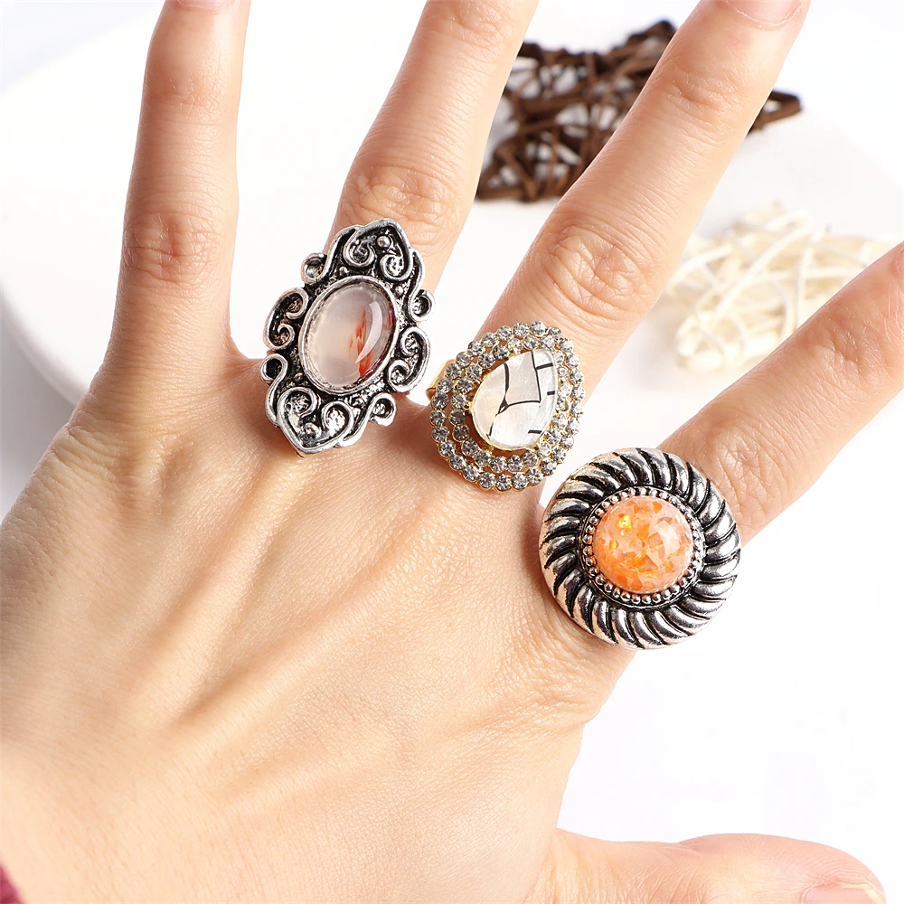 10/20Pcs/Lot New Fashion Bulk Vintage Flower Geometry Patten Colorful Stone Open Rings Jewelry For Women Mix Style Party Gifts