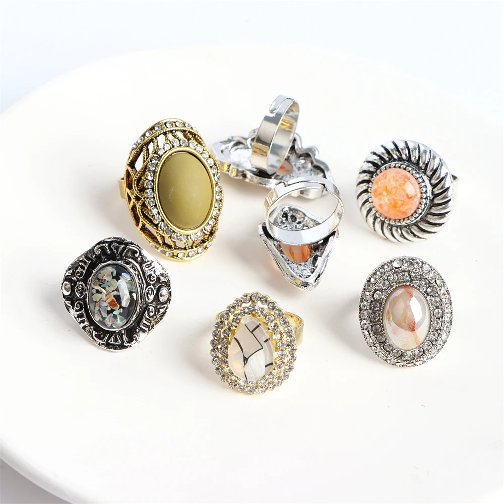 10/20Pcs/Lot New Fashion Bulk Vintage Flower Geometry Patten Colorful Stone Open Rings Jewelry For Women Mix Style Party Gifts