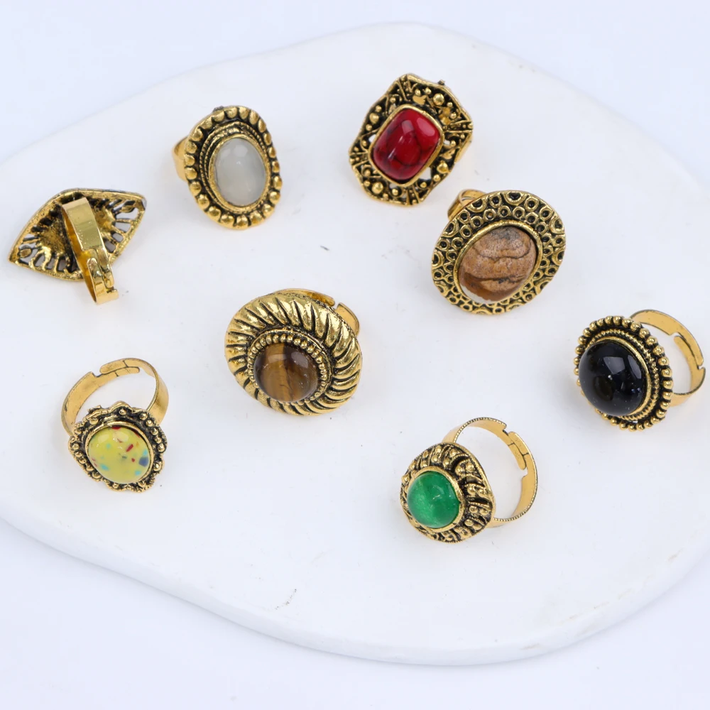 10/20Pcs/Lot New Fashion Bulk Vintage Flower Geometry Patten Colorful Stone Open Rings Jewelry For Women Mix Style Party Gifts