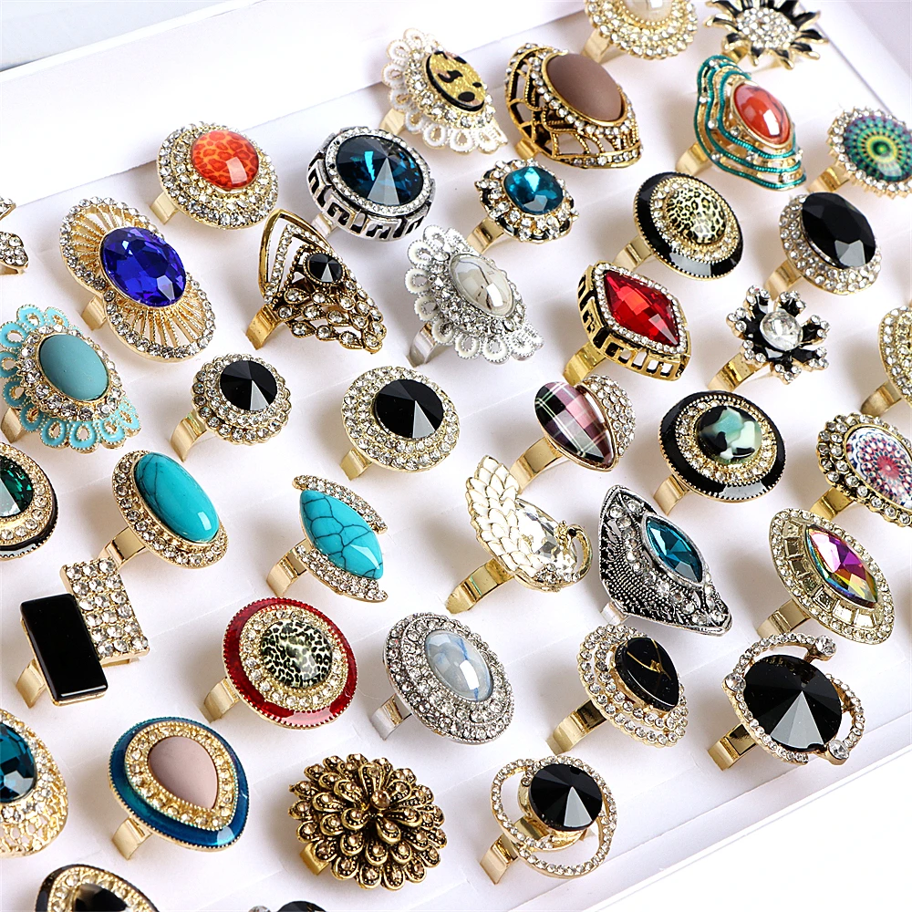 10/20Pcs/Lot New Fashion Bulk Vintage Flower Geometry Patten Colorful Stone Open Rings Jewelry For Women Mix Style Party Gifts