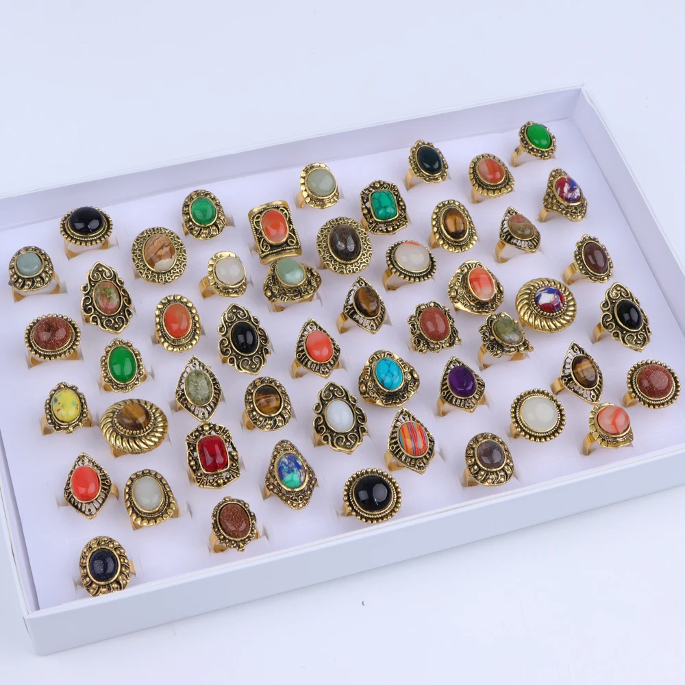 10/20Pcs/Lot New Fashion Bulk Vintage Flower Geometry Patten Colorful Stone Open Rings Jewelry For Women Mix Style Party Gifts