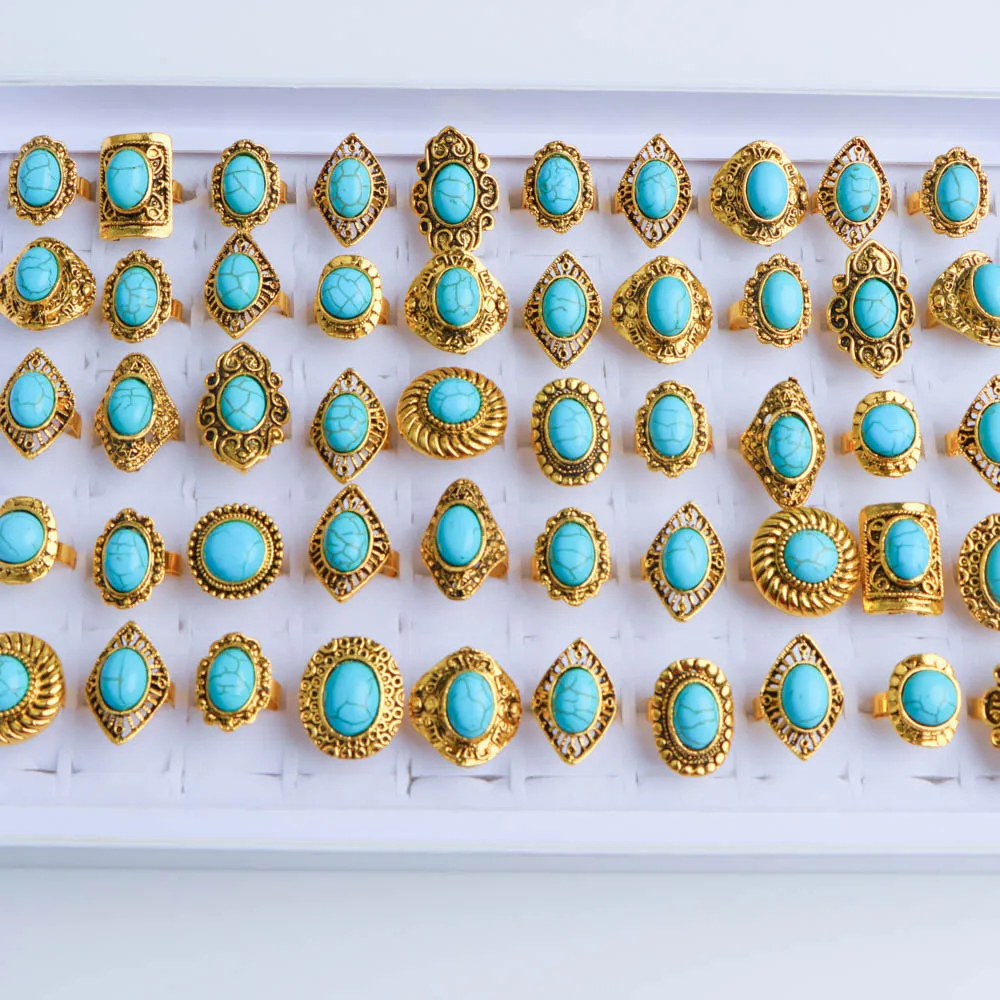 10/20Pcs/Lot New Fashion Bulk Vintage Flower Geometry Patten Colorful Stone Open Rings Jewelry For Women Mix Style Party Gifts