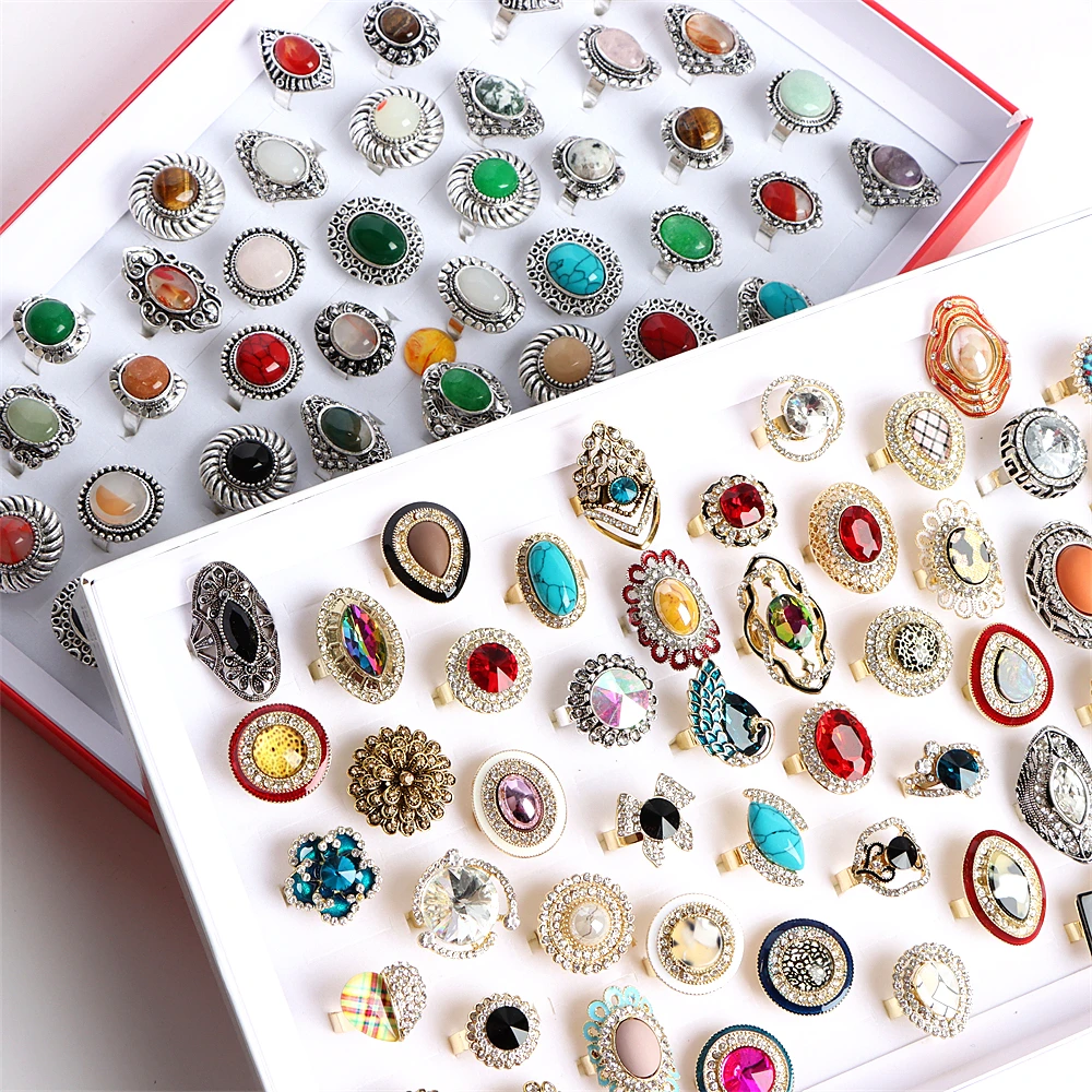 10/20Pcs/Lot New Fashion Bulk Vintage Flower Geometry Patten Colorful Stone Open Rings Jewelry For Women Mix Style Party Gifts