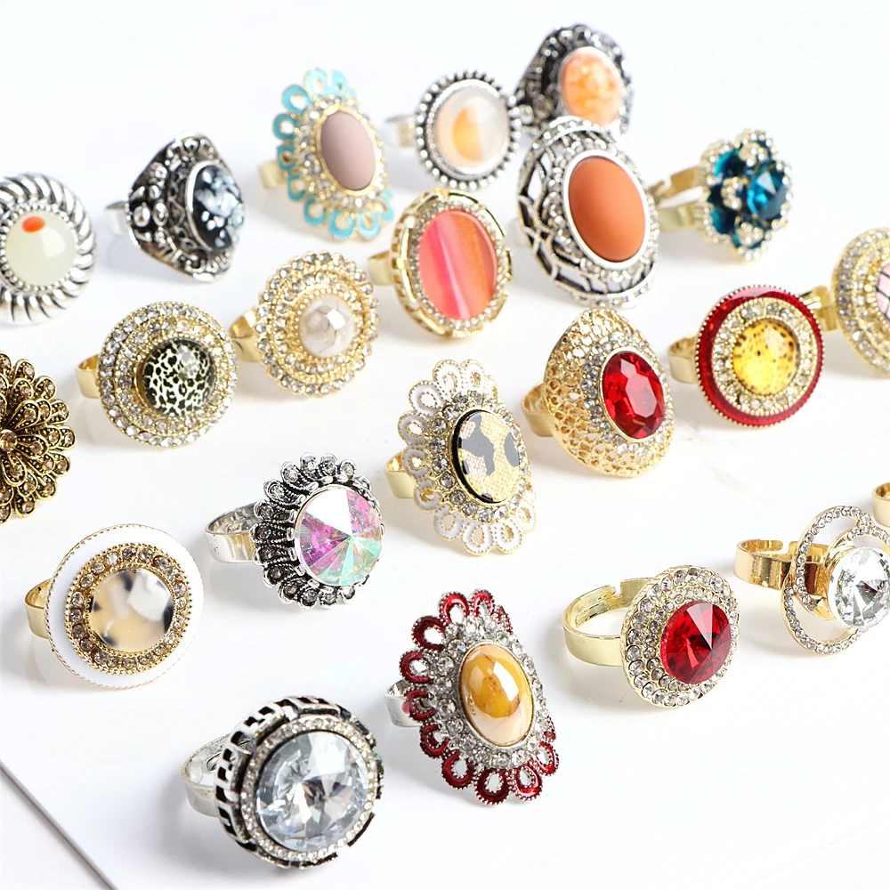 10/20Pcs/Lot New Fashion Bulk Vintage Flower Geometry Patten Colorful Stone Open Rings Jewelry For Women Mix Style Party Gifts