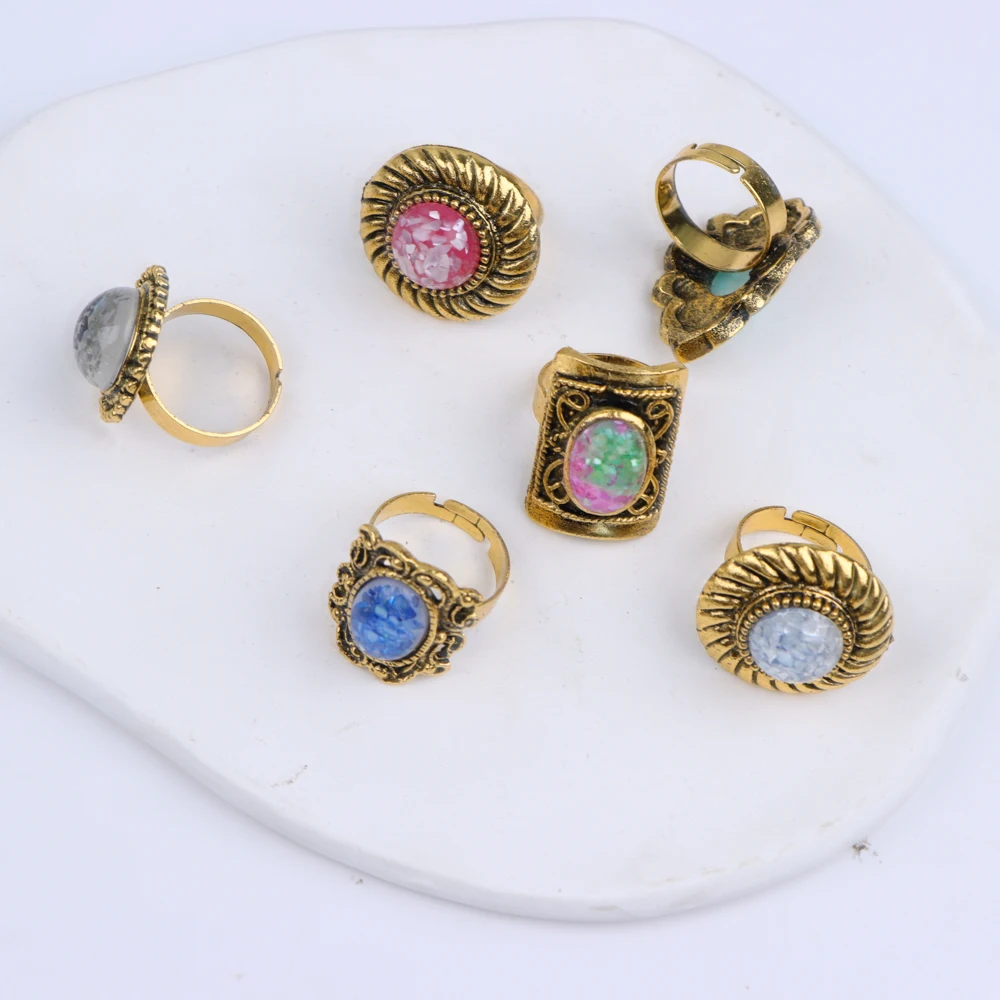 10/20Pcs/Lot New Fashion Bulk Vintage Flower Geometry Patten Colorful Stone Open Rings Jewelry For Women Mix Style Party Gifts