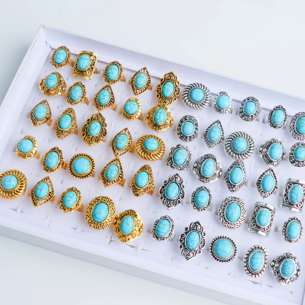 10/20Pcs/Lot New Fashion Bulk Vintage Flower Geometry Patten Colorful Stone Open Rings Jewelry For Women Mix Style Party Gifts