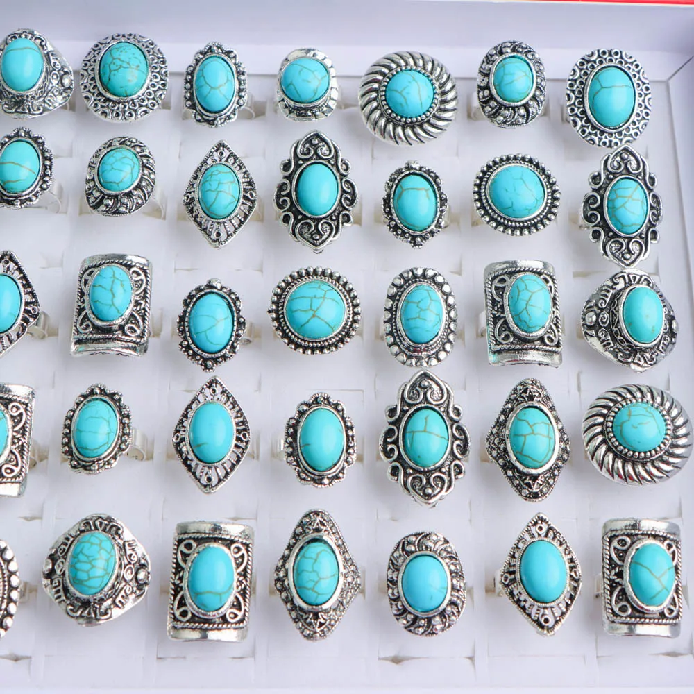 10/20Pcs/Lot New Fashion Bulk Vintage Flower Geometry Patten Colorful Stone Open Rings Jewelry For Women Mix Style Party Gifts