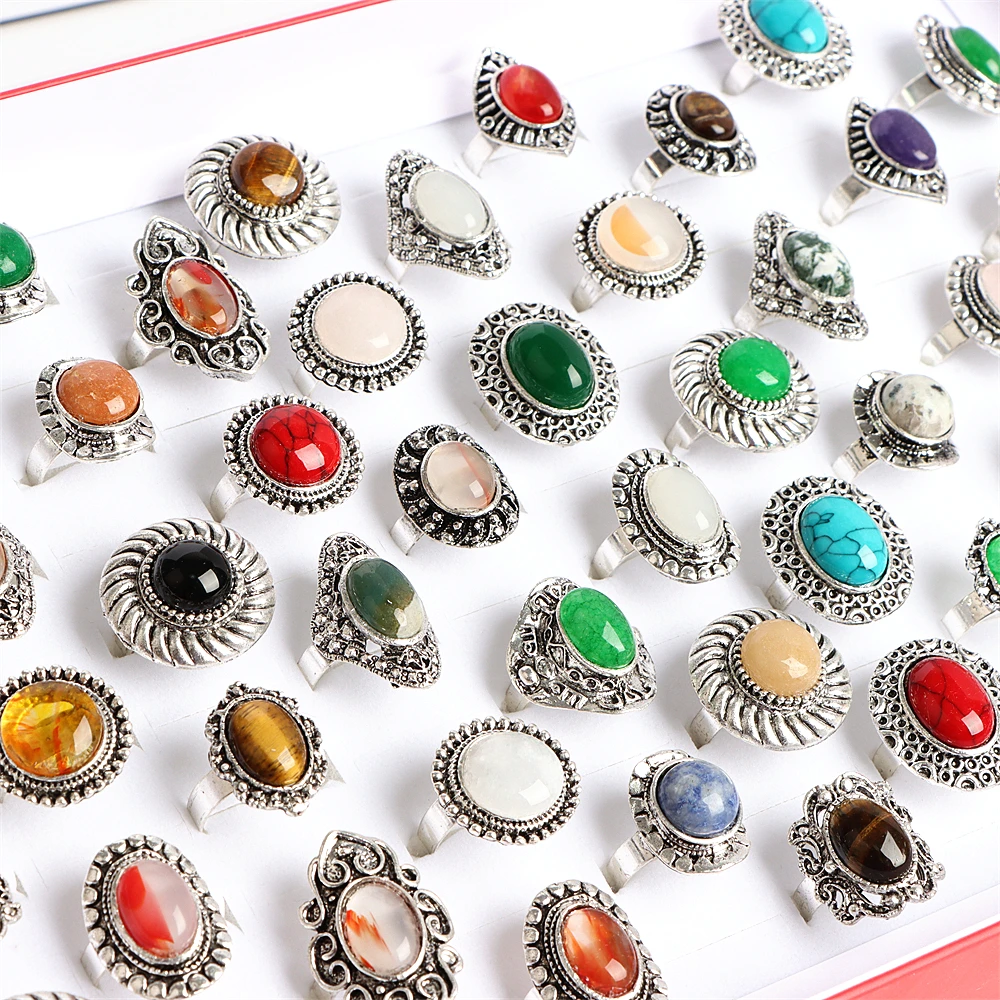 10/20Pcs/Lot New Fashion Bulk Vintage Flower Geometry Patten Colorful Stone Open Rings Jewelry For Women Mix Style Party Gifts