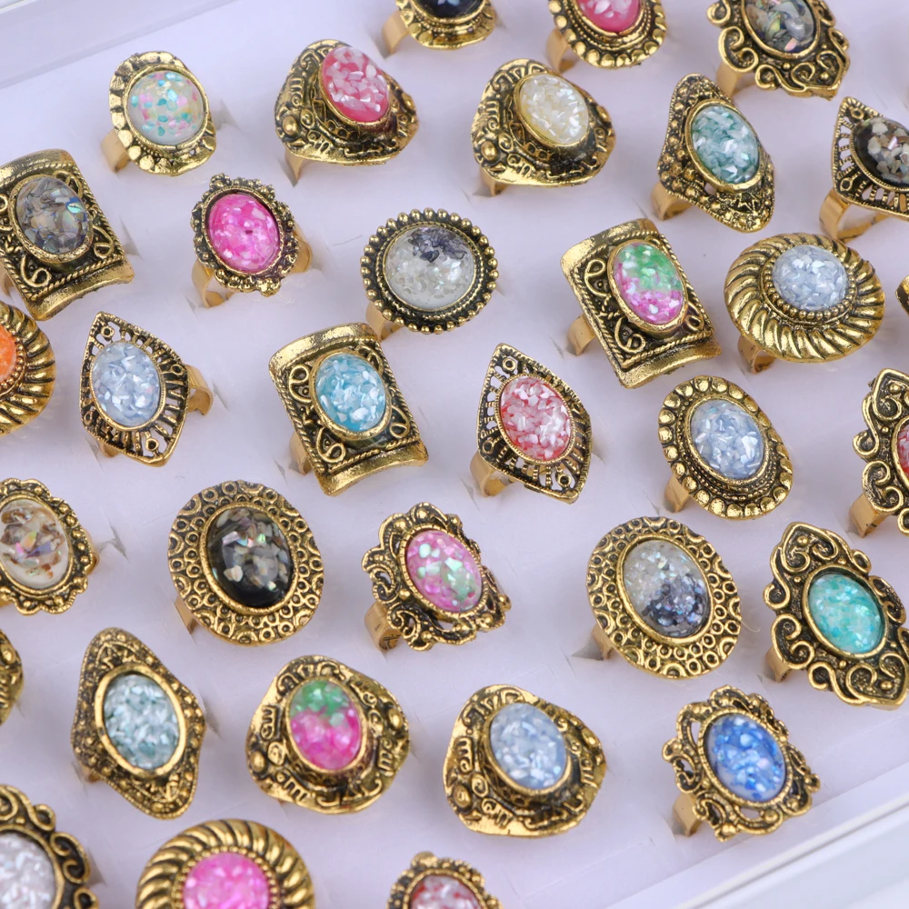 10/20Pcs/Lot New Fashion Bulk Vintage Flower Geometry Patten Colorful Stone Open Rings Jewelry For Women Mix Style Party Gifts