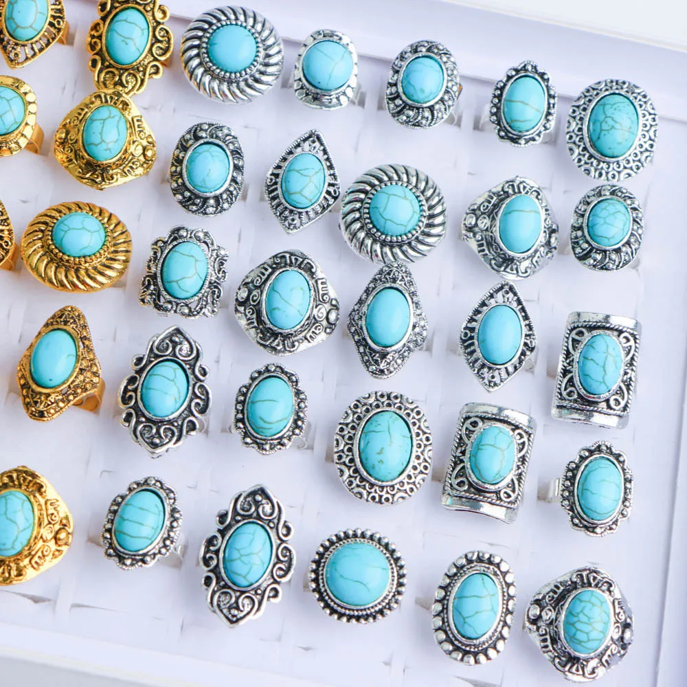10/20Pcs/Lot New Fashion Bulk Vintage Flower Geometry Patten Colorful Stone Open Rings Jewelry For Women Mix Style Party Gifts