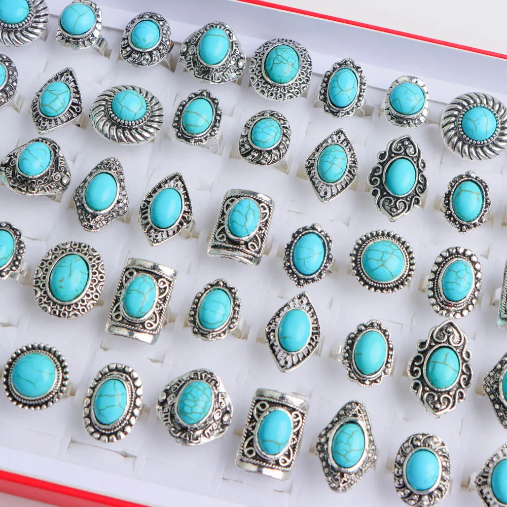 10/20Pcs/Lot New Fashion Bulk Vintage Flower Geometry Patten Colorful Stone Open Rings Jewelry For Women Mix Style Party Gifts