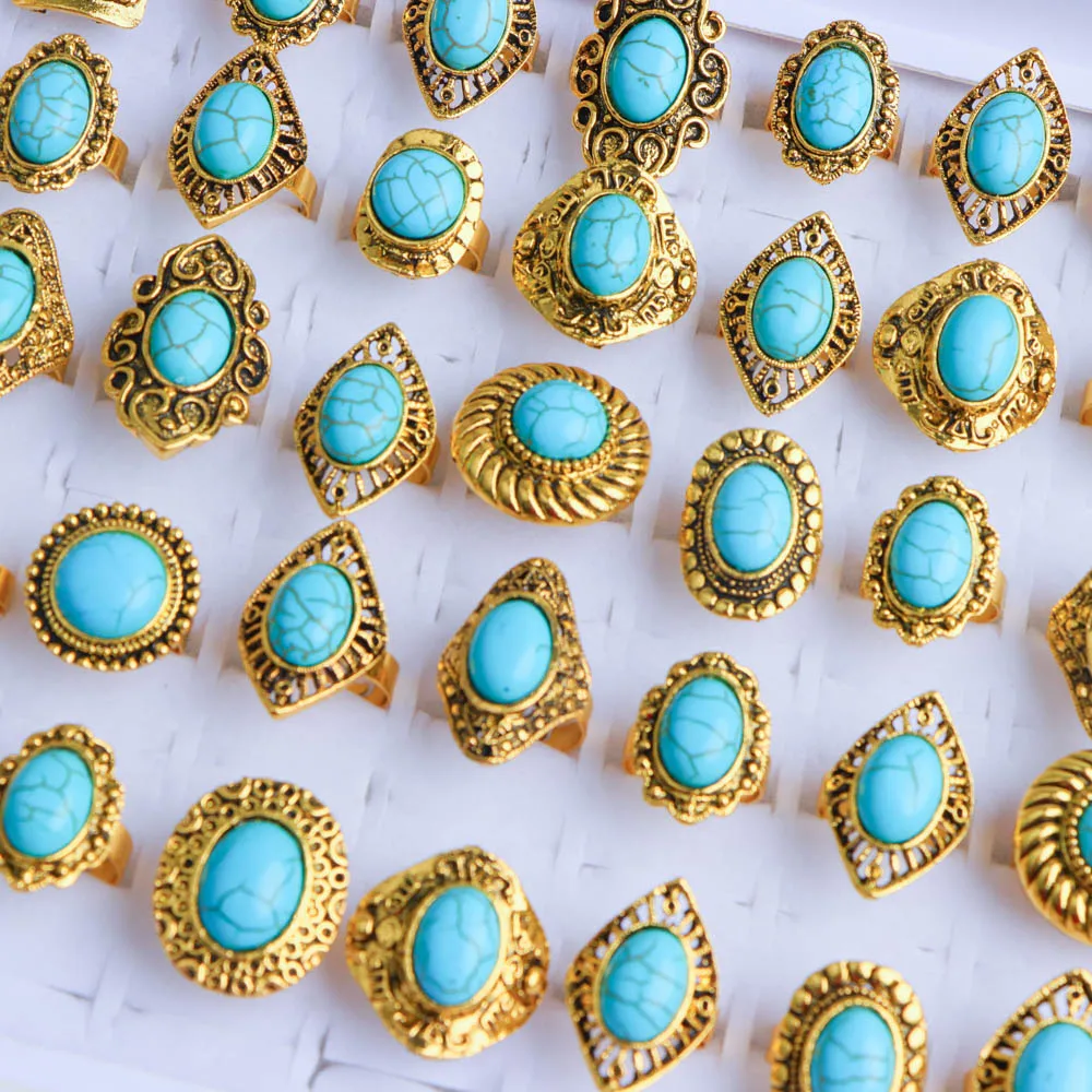 10/20Pcs/Lot New Fashion Bulk Vintage Flower Geometry Patten Colorful Stone Open Rings Jewelry For Women Mix Style Party Gifts