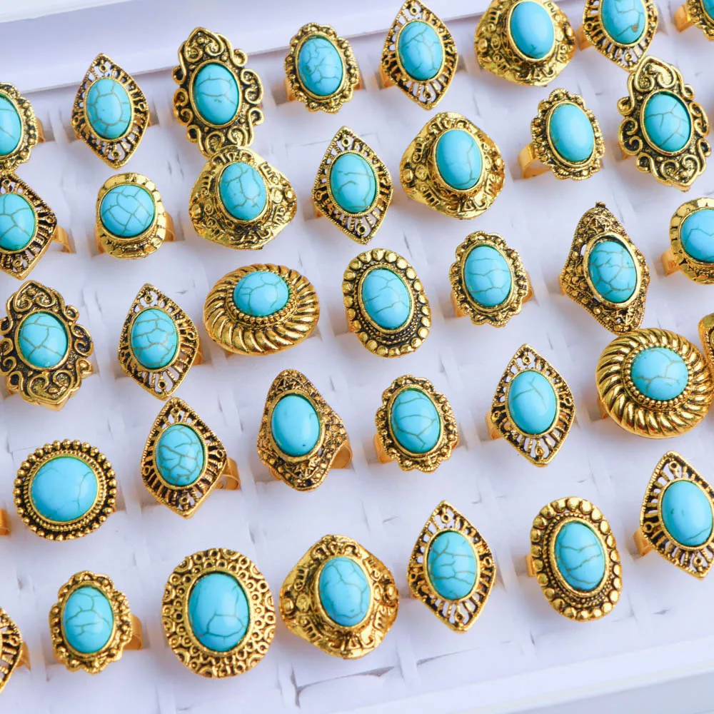 10/20Pcs/Lot New Fashion Bulk Vintage Flower Geometry Patten Colorful Stone Open Rings Jewelry For Women Mix Style Party Gifts
