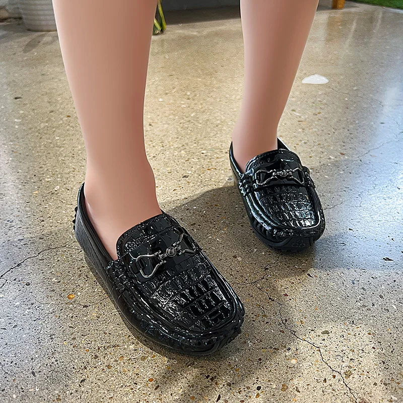 Boys Loafers Non-slip Children's Leather Shoes All-match Four Seasons Metal Buckle 2024 Shiny Simple Kids Fashion Moccasin Shoes