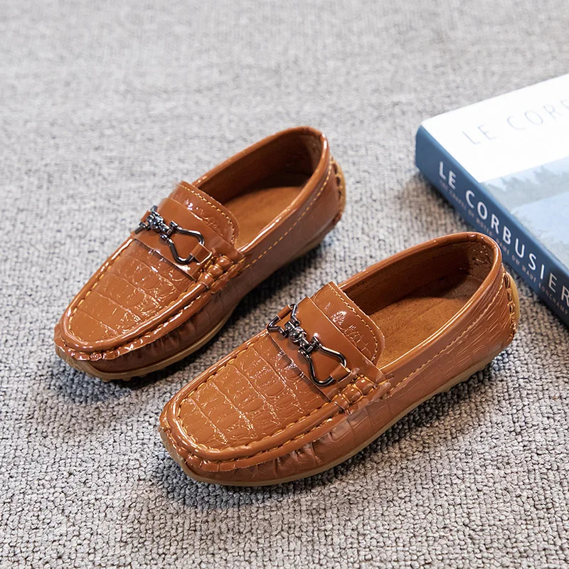 Boys Loafers Non-slip Children's Leather Shoes All-match Four Seasons Metal Buckle 2024 Shiny Simple Kids Fashion Moccasin Shoes