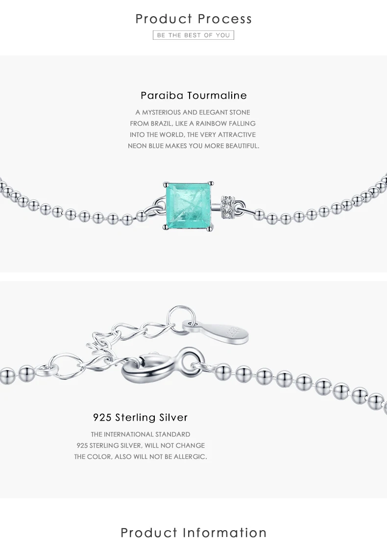 Modian 2021 New Real 925 Sterling Silver Luxury Square Tourmaline Beads Chain Bracelet For Women Paraiba Fine Statement Jewelry