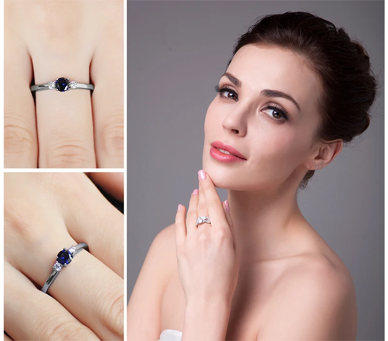 JewelryPalace Created Blue Sapphire 925 Sterling Silver 3 Stones Promise Ring for Women Fashion Gemstone Jewelry Wedding Gift