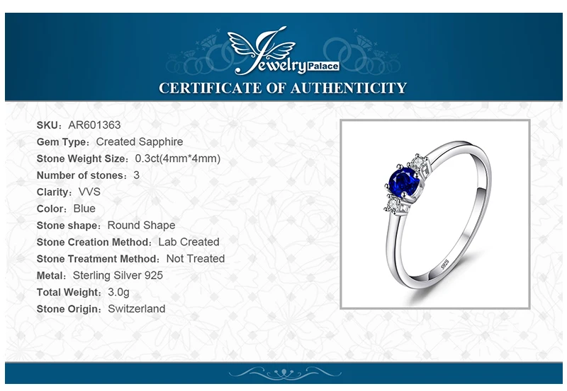 JewelryPalace Created Blue Sapphire 925 Sterling Silver 3 Stones Promise Ring for Women Fashion Gemstone Jewelry Wedding Gift