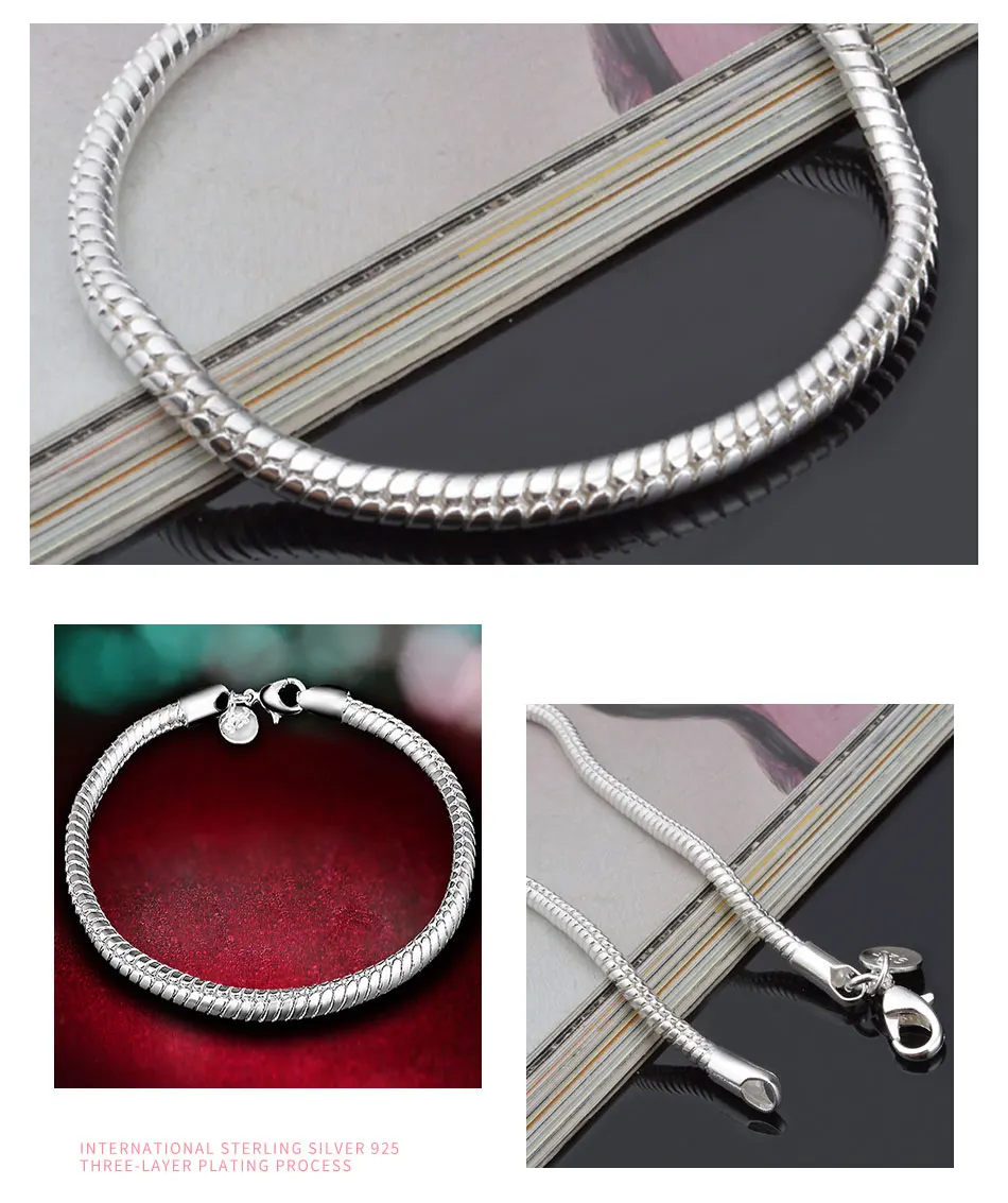 ZDADAN 925 Sterling Silver 4MM 16/17/18/19/20/21/22/23cm Snake Chain Charm Bracelet For Women Fashion Jewelry Gift