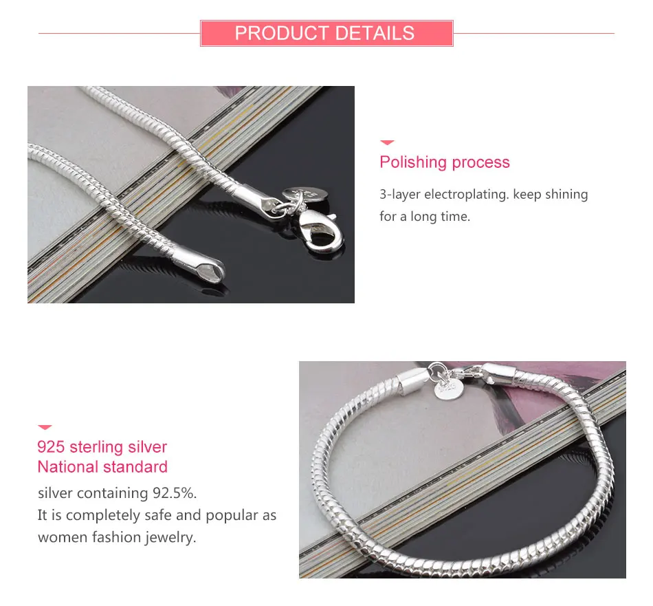 ZDADAN 925 Sterling Silver 4MM 16/17/18/19/20/21/22/23cm Snake Chain Charm Bracelet For Women Fashion Jewelry Gift