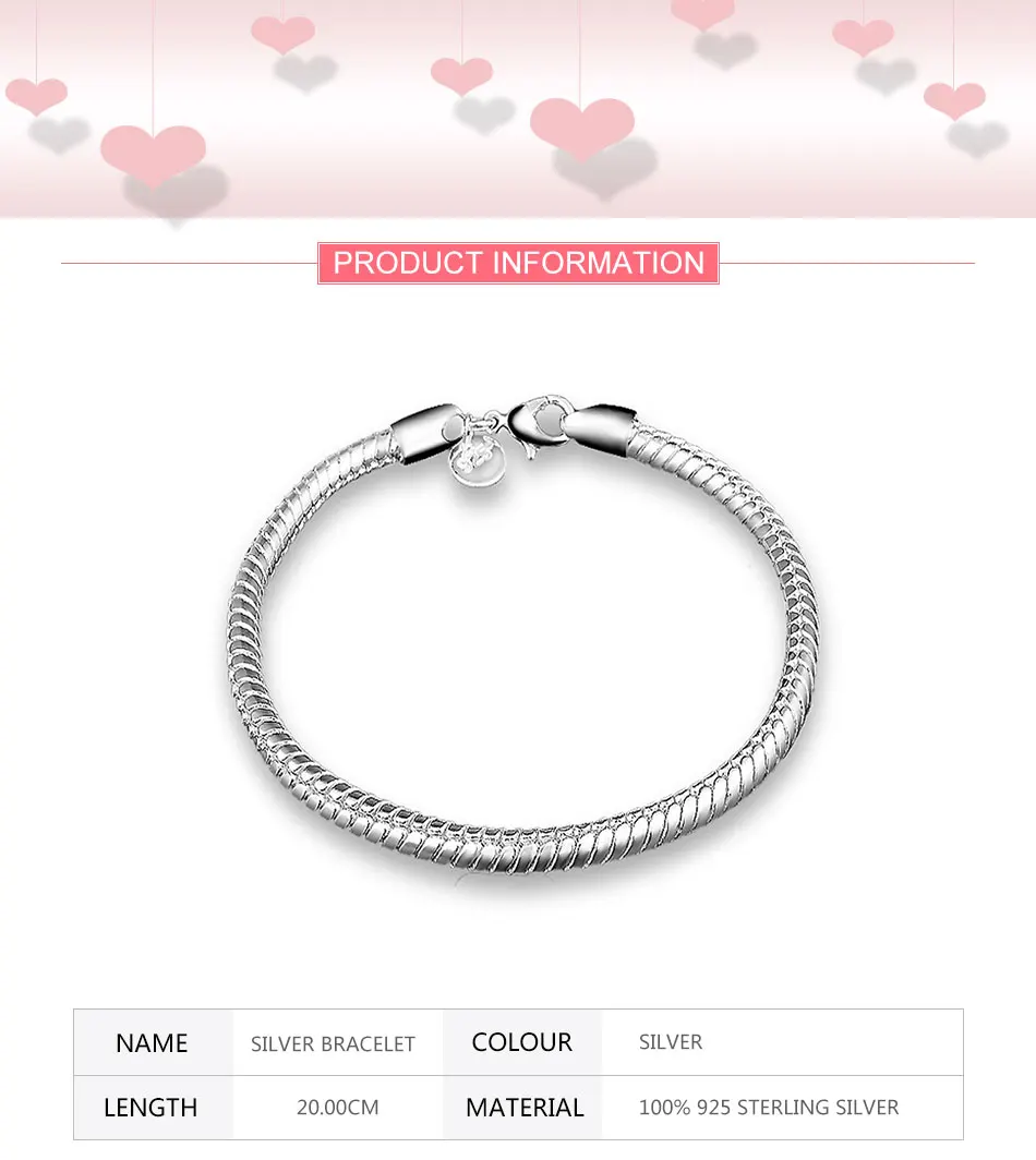 ZDADAN 925 Sterling Silver 4MM 16/17/18/19/20/21/22/23cm Snake Chain Charm Bracelet For Women Fashion Jewelry Gift