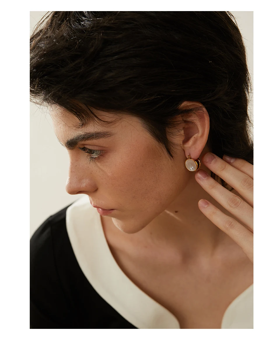 Yhpup Round Natural Shell Stainless Steel 18K Gold Plated Huggie Hoop Earrings for Women High Quality Charm Jewelry Gift New