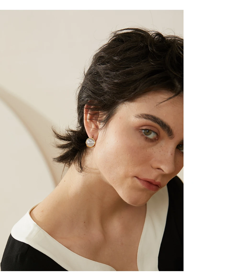 Yhpup Round Natural Shell Stainless Steel 18K Gold Plated Huggie Hoop Earrings for Women High Quality Charm Jewelry Gift New