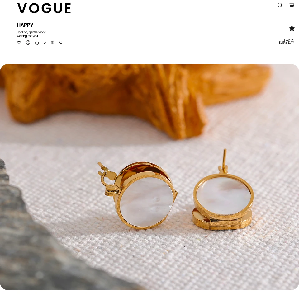 Yhpup Round Natural Shell Stainless Steel 18K Gold Plated Huggie Hoop Earrings for Women High Quality Charm Jewelry Gift New
