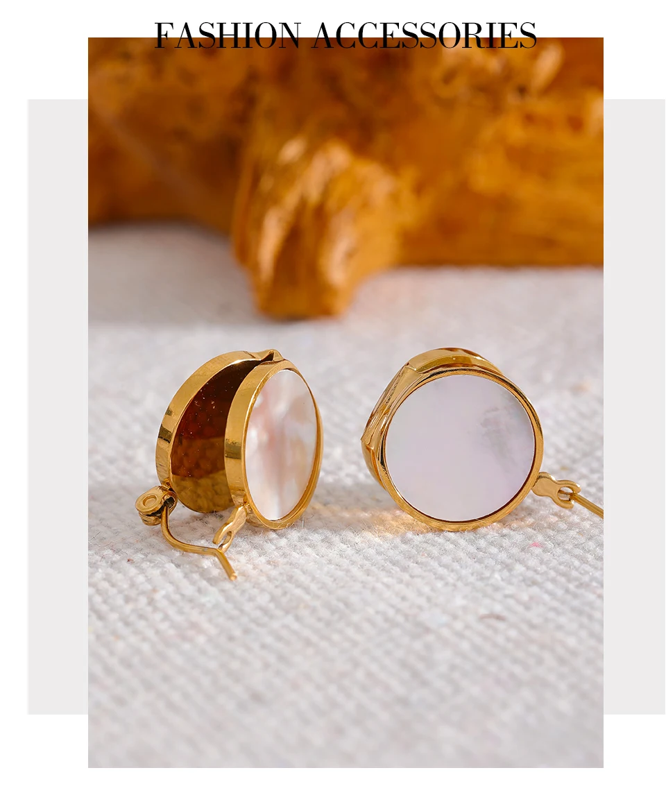 Yhpup Round Natural Shell Stainless Steel 18K Gold Plated Huggie Hoop Earrings for Women High Quality Charm Jewelry Gift New