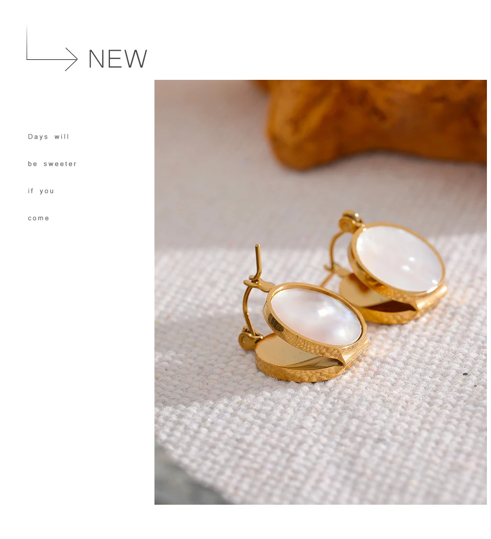 Yhpup Round Natural Shell Stainless Steel 18K Gold Plated Huggie Hoop Earrings for Women High Quality Charm Jewelry Gift New