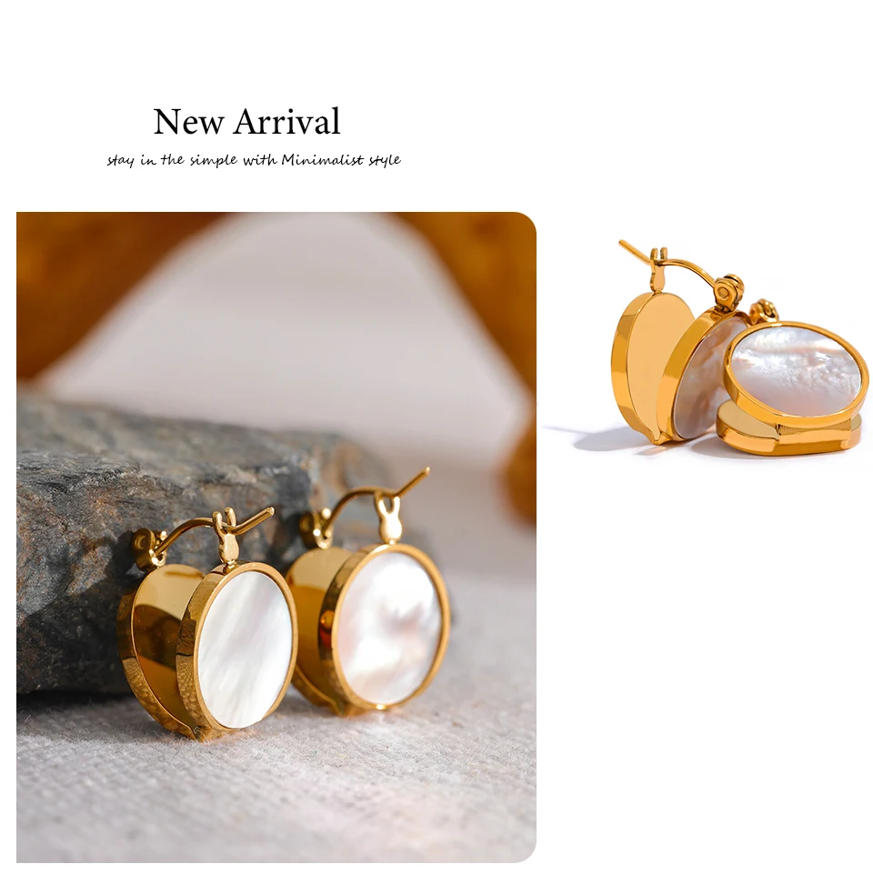 Yhpup Round Natural Shell Stainless Steel 18K Gold Plated Huggie Hoop Earrings for Women High Quality Charm Jewelry Gift New